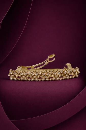 Stylish flower design brown kundan antique gold plated hair clip for women and girls