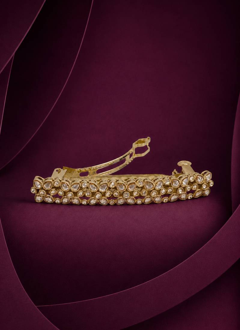 Stylish flower design brown kundan antique gold plated hair clip for women and girls