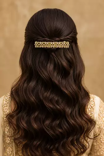 Stylish flower design brown kundan antique gold plated hair clip for women and girls
