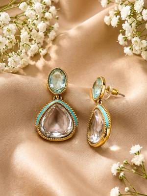 gold plated pachi kundan blue enamel earrings 1