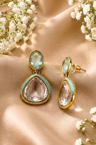 gold plated pachi kundan blue enamel earrings