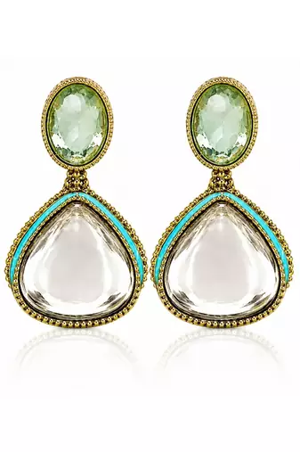 gold plated pachi kundan blue enamel earrings