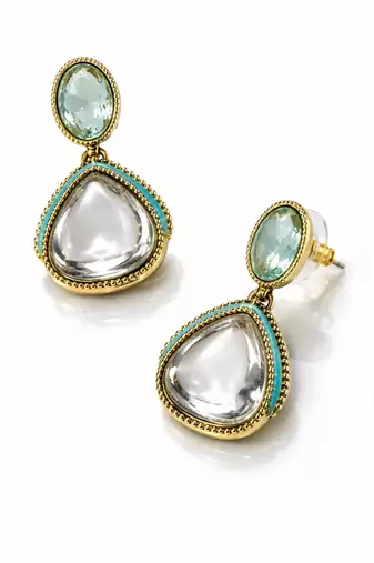 gold plated pachi kundan blue enamel earrings
