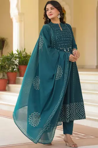 Women Ethnic Motifs Printed Empire Mirror Work Pure Cotton Kurta with Trousers & With Dupatta
