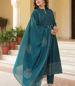 Women Ethnic Motifs Printed Empire Mirror Work  Cotton Kurta with Trousers & With Dupatta