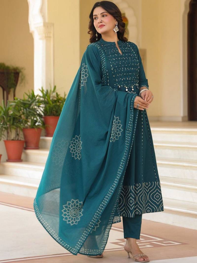 Women Ethnic Motifs Printed Empire Mirror Work  Cotton Kurta with Trousers & With Dupatta