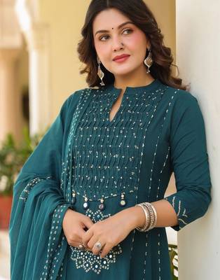 Women Ethnic Motifs Printed Empire Mirror Work  Cotton Kurta with Trousers & With Dupatta 2