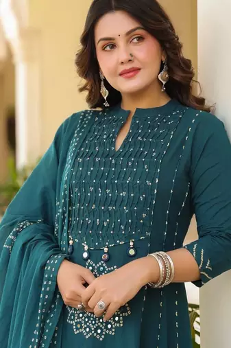 Women Ethnic Motifs Printed Empire Mirror Work Pure Cotton Kurta with Trousers & With Dupatta