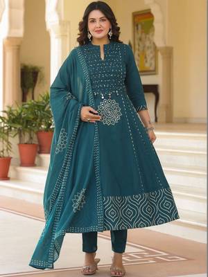 Women Ethnic Motifs Printed Empire Mirror Work  Cotton Kurta with Trousers & With Dupatta 4