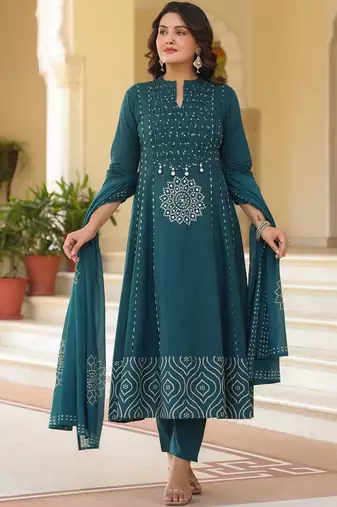 Women Ethnic Motifs Printed Empire Mirror Work Pure Cotton Kurta with Trousers & With Dupatta