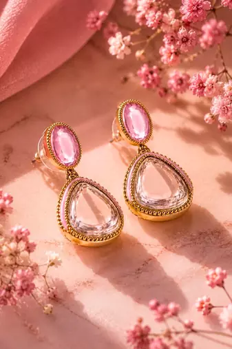 gold plated pachi kundan pink enamel dangler earrings