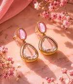 gold plated pachi kundan pink enamel dangler earrings