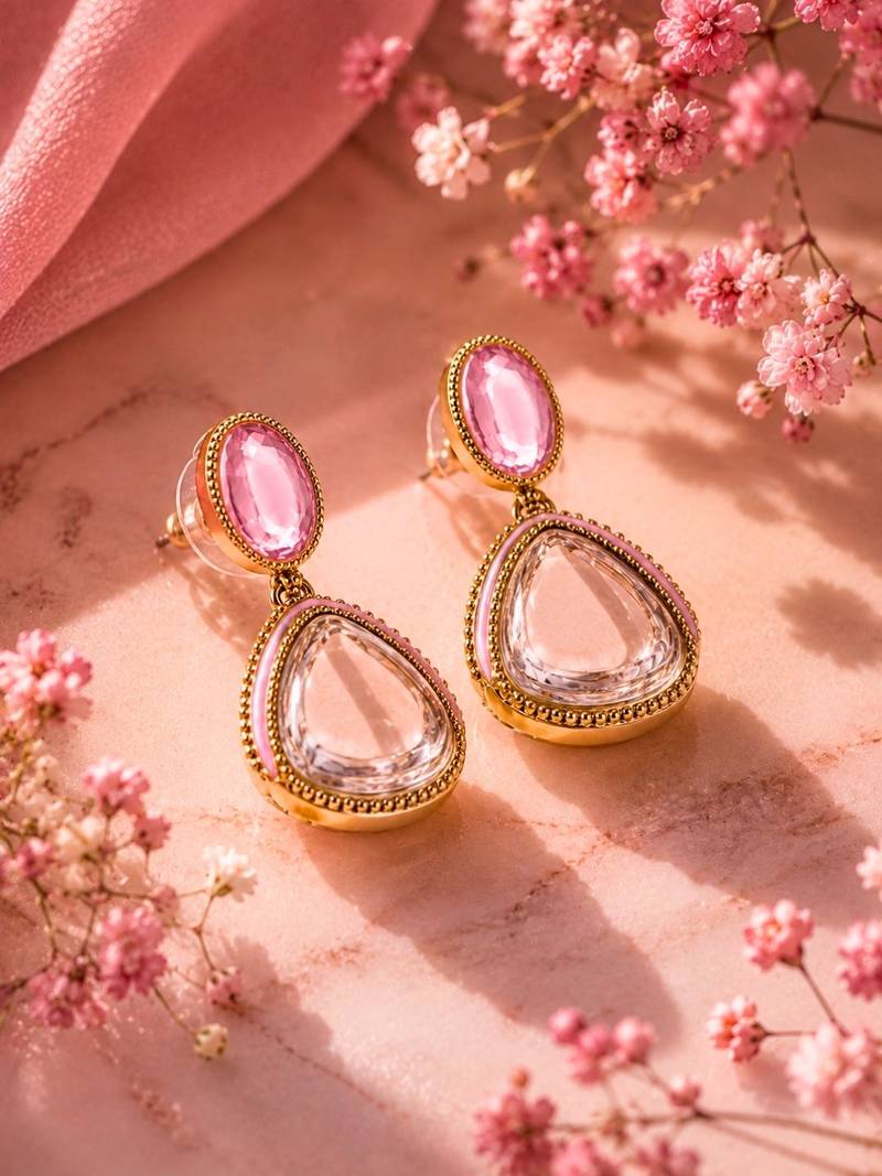 gold plated pachi kundan pink enamel dangler earrings