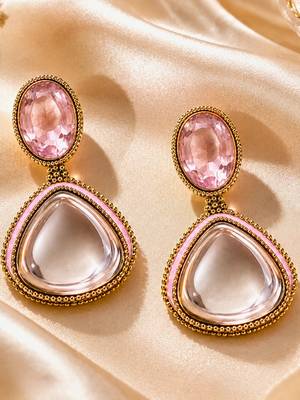 gold plated pachi kundan pink enamel dangler earrings 2