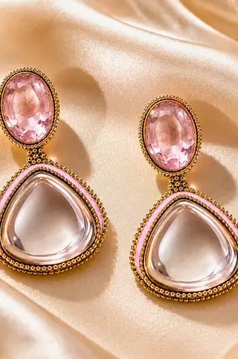 gold plated pachi kundan pink enamel dangler earrings