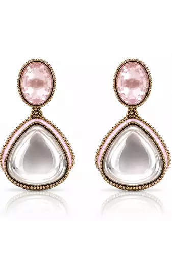 gold plated pachi kundan pink enamel dangler earrings