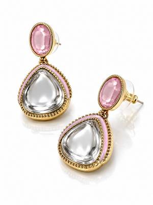 gold plated pachi kundan pink enamel dangler earrings 4