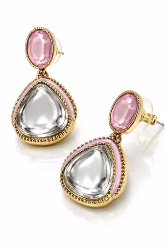 gold plated pachi kundan pink enamel dangler earrings