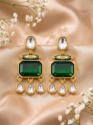 gold plated pachi kundan green stone studded dangler earrings 1
