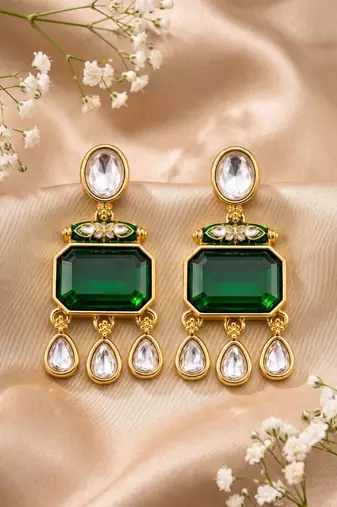 gold plated pachi kundan green stone studded dangler earrings