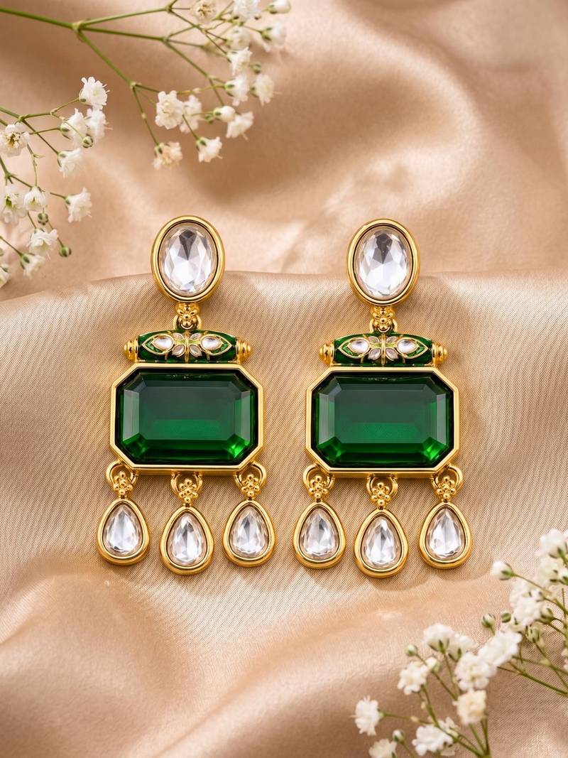 gold plated pachi kundan green stone studded dangler earrings