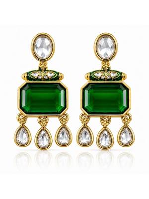 gold plated pachi kundan green stone studded dangler earrings 2