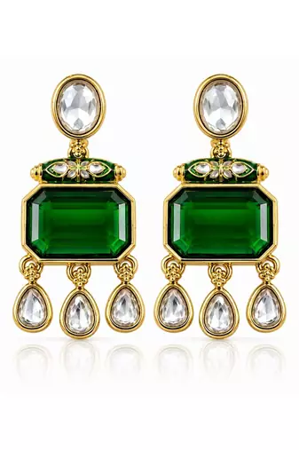 gold plated pachi kundan green stone studded dangler earrings