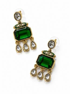 gold plated pachi kundan green stone studded dangler earrings 3