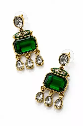 gold plated pachi kundan green stone studded dangler earrings
