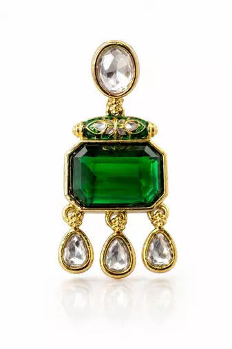 gold plated pachi kundan green stone studded dangler earrings