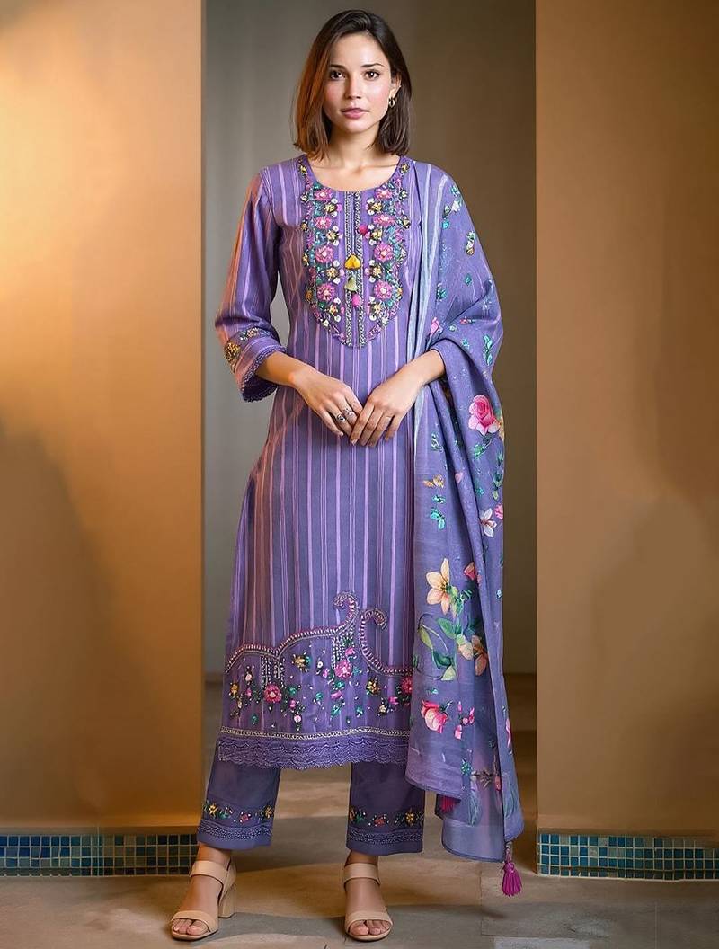 Floral Embroidered Regular Thread Work Pure Cotton Kurta With Trousers & Dupatta