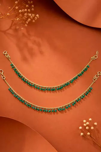 Set of 2 Green Pearl Brass Gold-Plated Kaan Chains for Women and Girls