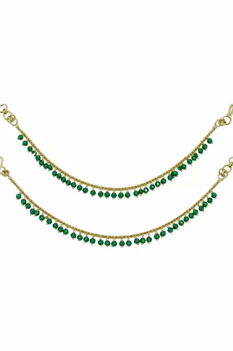 Set of 2 Green Pearl Brass Gold-Plated Kaan Chains for Women and Girls