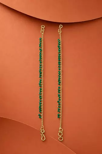Set of 2 Green Pearl Brass Gold-Plated Kaan Chains for Women and Girls