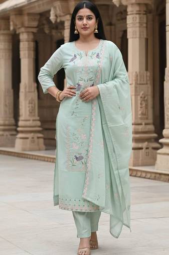 Floral Embroidered Thread Work  Cotton Straight Kurta & Trousers With Dupatta