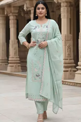 Floral Embroidered Thread Work Pure Cotton Straight Kurta & Trousers With Dupatta