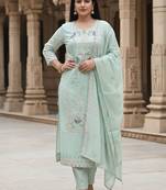 Floral Embroidered Thread Work  Cotton Straight Kurta & Trousers With Dupatta