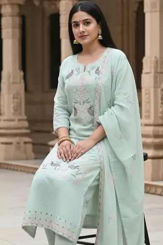 Floral Embroidered Thread Work Pure Cotton Straight Kurta & Trousers With Dupatta