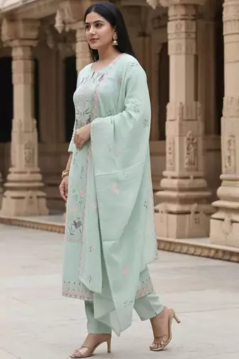Floral Embroidered Thread Work Pure Cotton Straight Kurta & Trousers With Dupatta