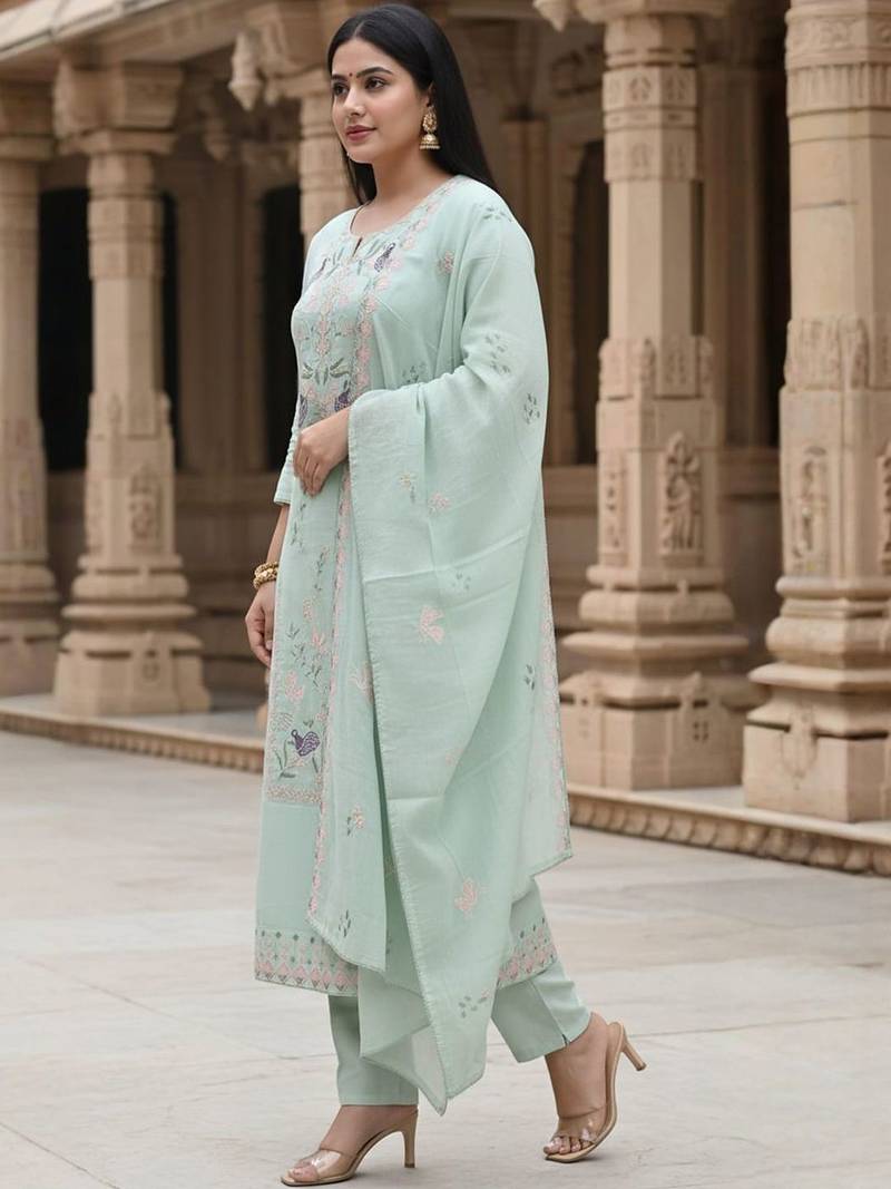 Floral Embroidered Thread Work  Cotton Straight Kurta & Trousers With Dupatta