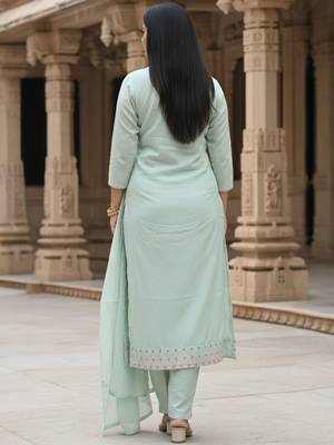 Floral Embroidered Thread Work  Cotton Straight Kurta & Trousers With Dupatta 4
