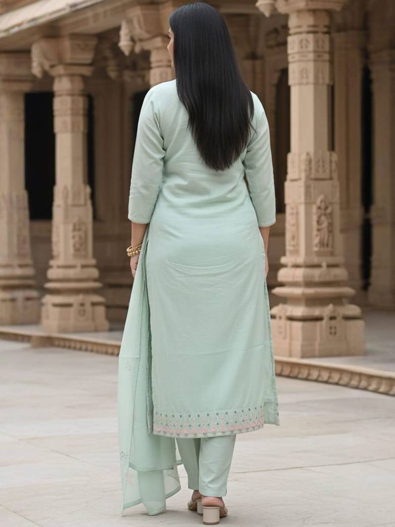 Floral Embroidered Thread Work  Cotton Straight Kurta & Trousers With Dupatta
