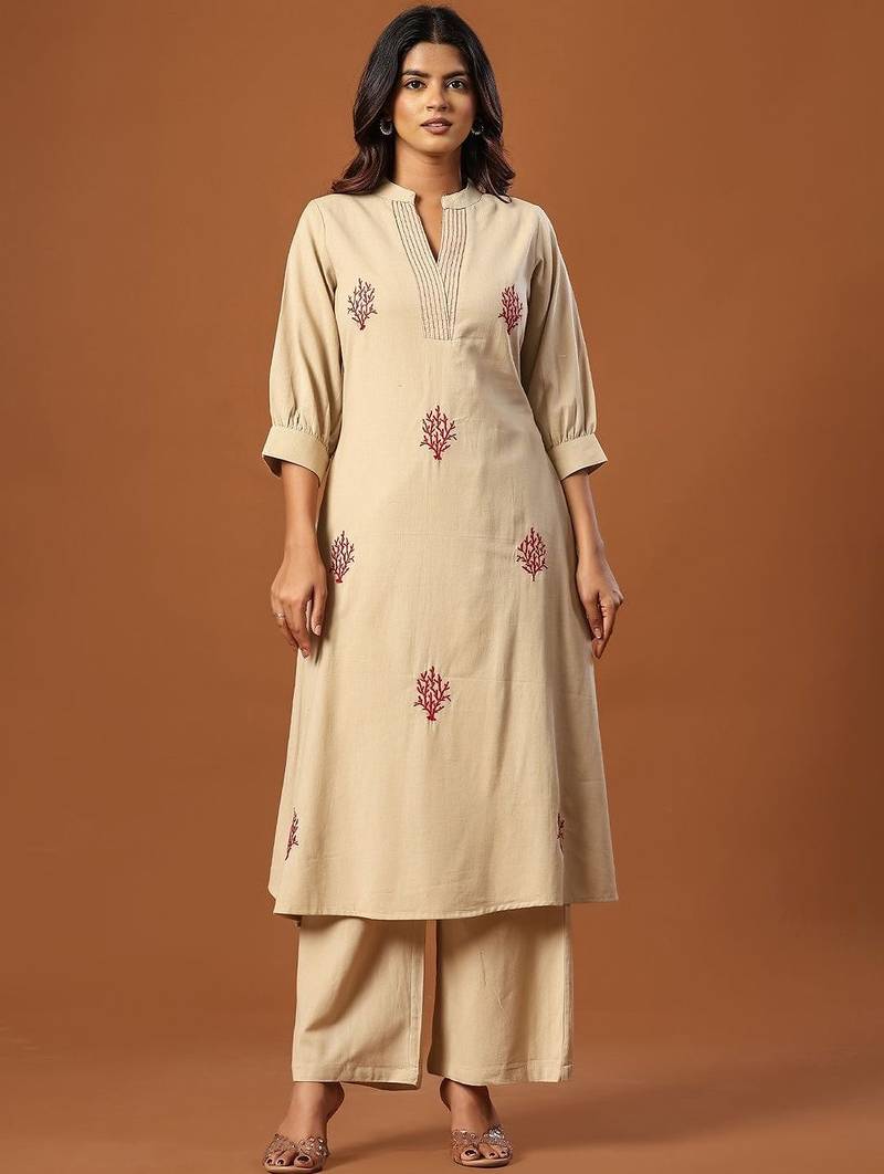 Women Ethnic Motifs Embroidered Regular Thread Work Pure Cotton Kurta with Palazzos