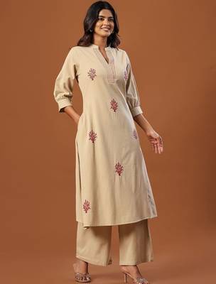 Women Ethnic Motifs Embroidered Regular Thread Work  Cotton Kurta with Palazzos 5