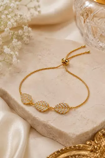 18k gold plated cz leaf charm adjustable bracelet