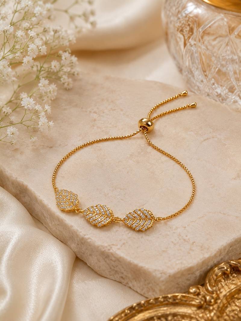 18k gold plated cz leaf charm adjustable bracelet