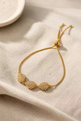 18k gold plated cz leaf charm adjustable bracelet