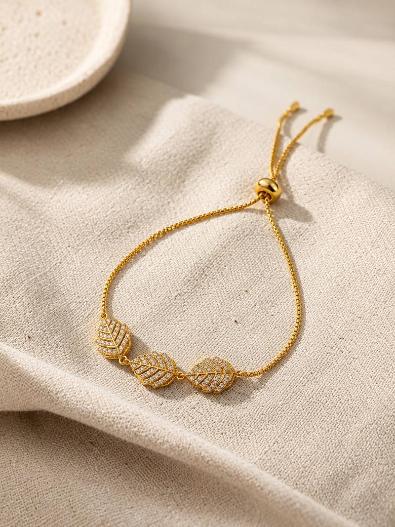 18k gold plated cz leaf charm adjustable bracelet