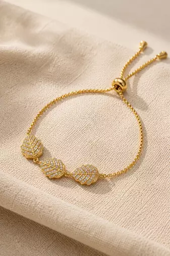 18k gold plated cz leaf charm adjustable bracelet