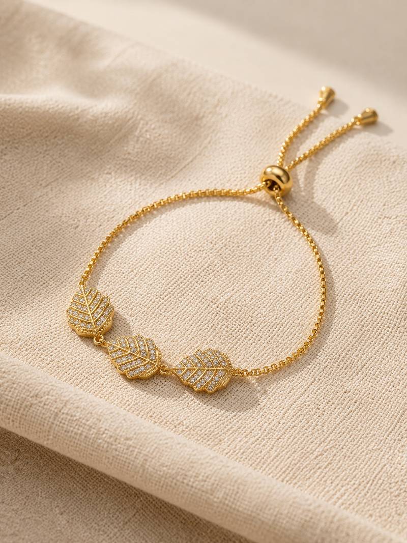 18k gold plated cz leaf charm adjustable bracelet